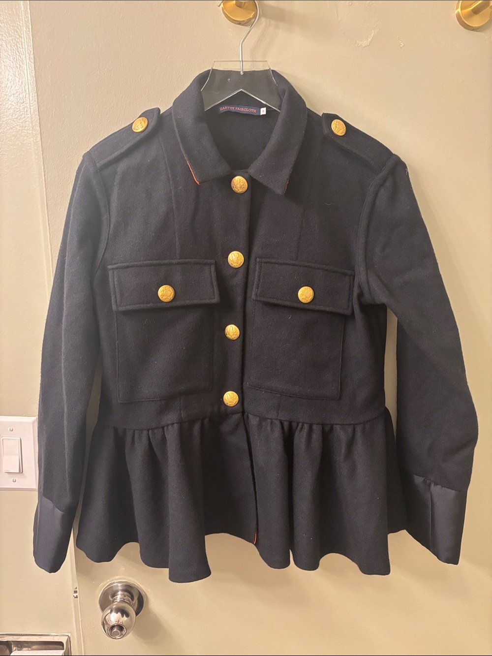 Gold-Button Peplum Military Jacket in Navy